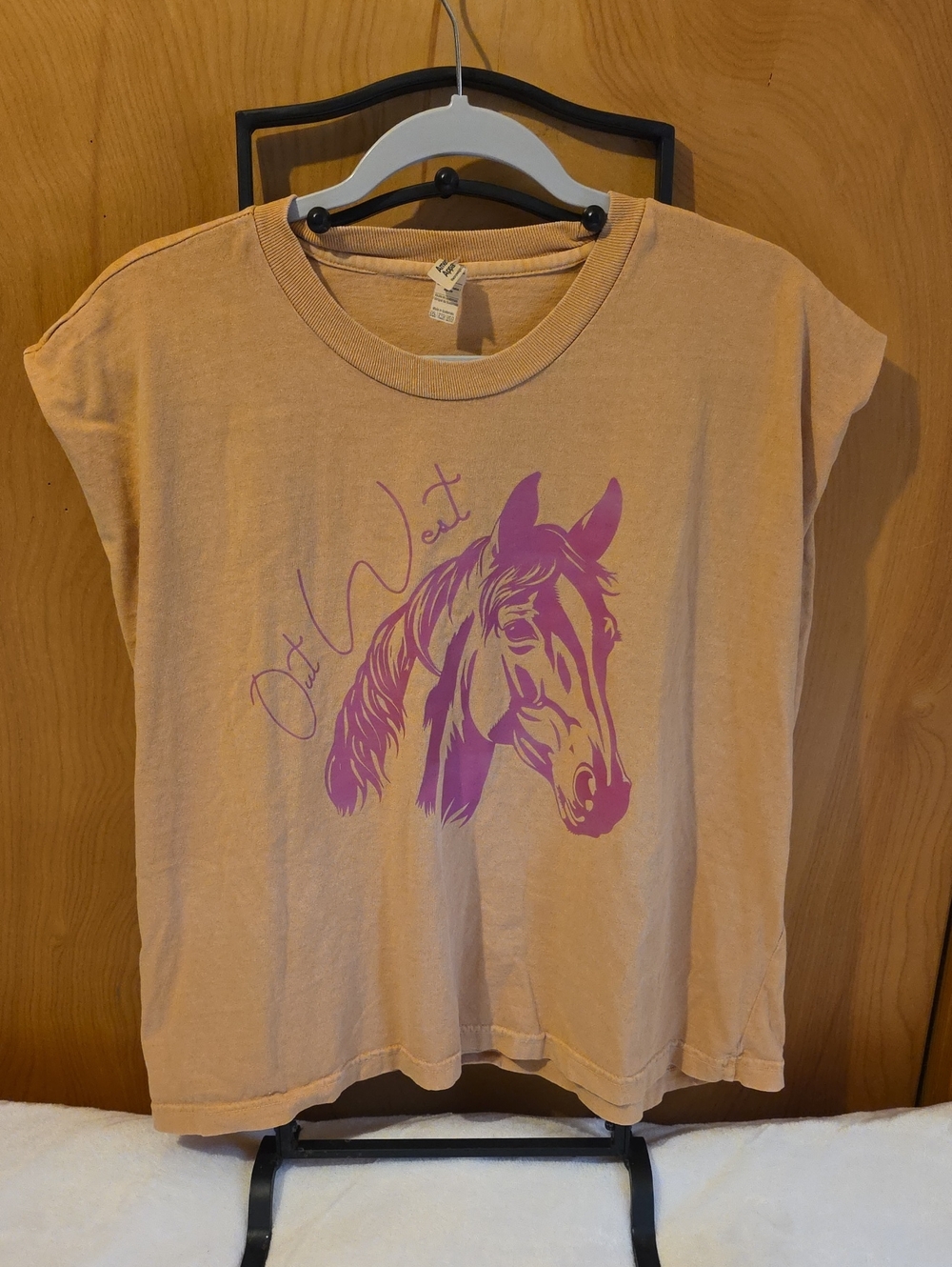 American Apparel Sleeveless Graphic Tee Mustard Shirt W/ Fuchsia Graphic